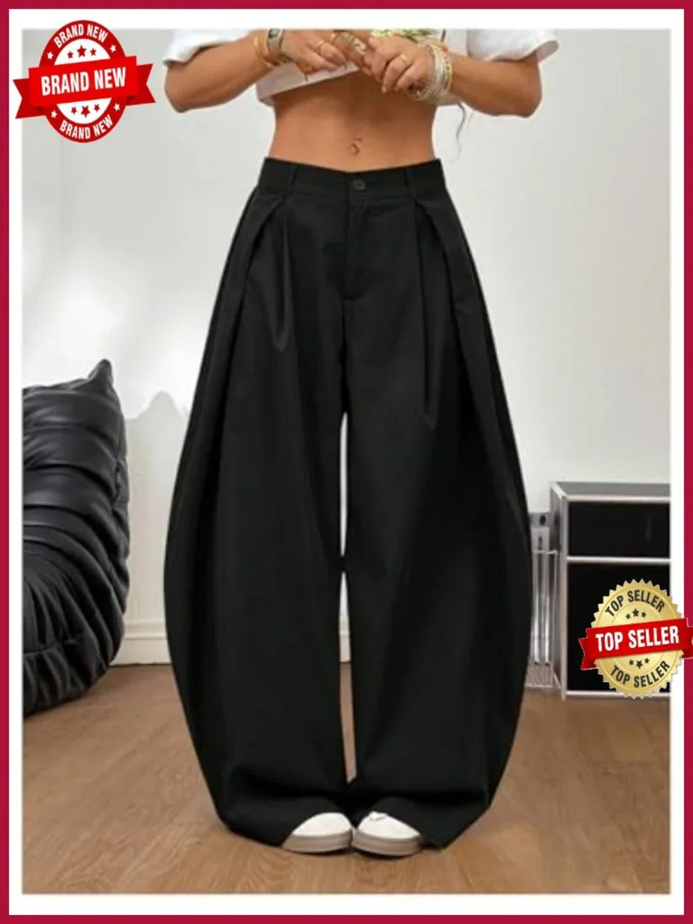 Women's Pleated Wide Leg Cargo Pants, High Waist Baggy Y2K Trousers, Business